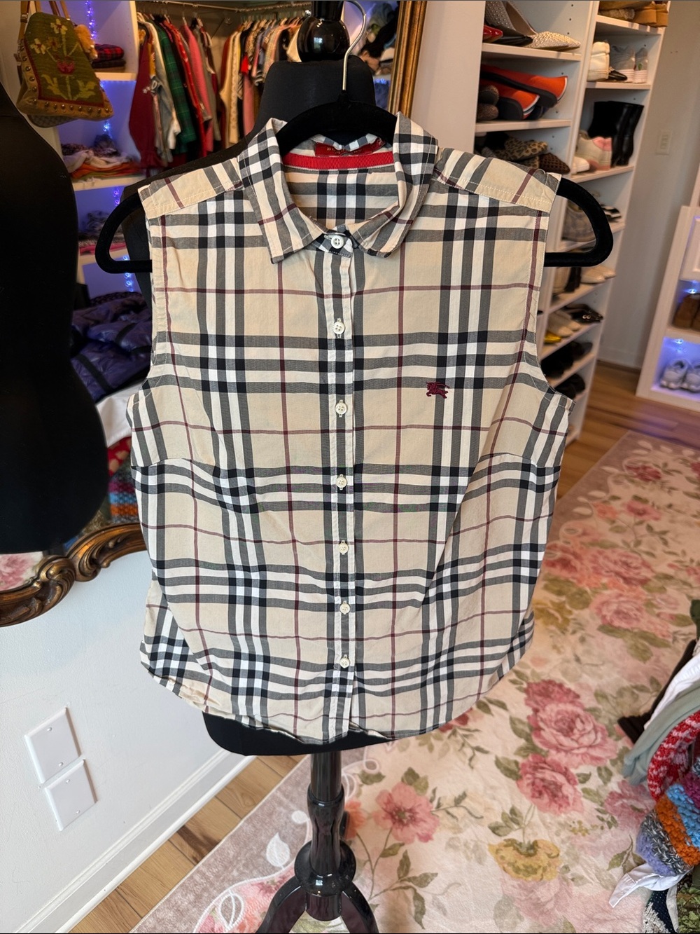 Burberry Beige Black Check Button-Down Sleeveless Shirt